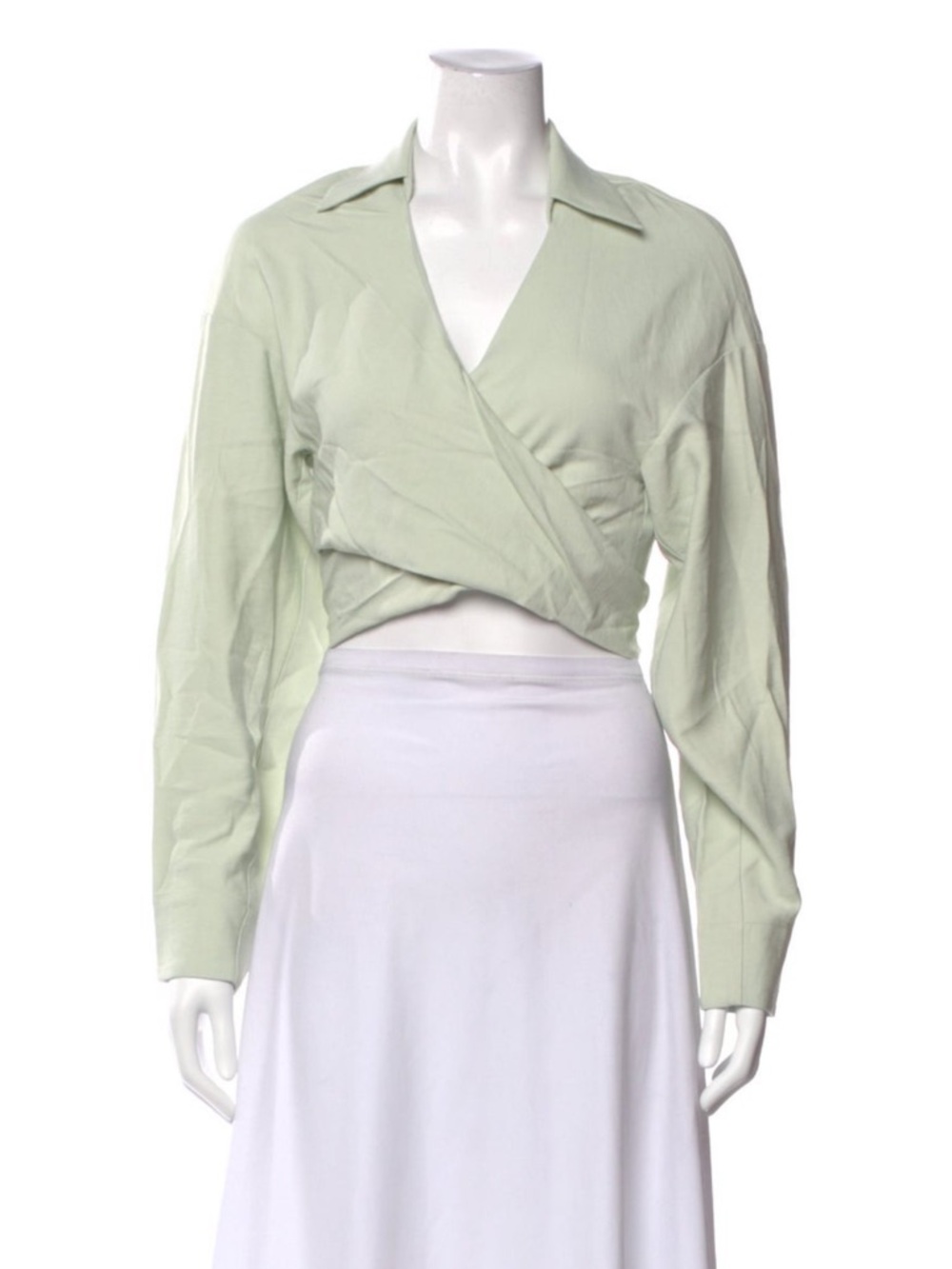 The Sei Sage Green Wrap-Front Collared Crop Top